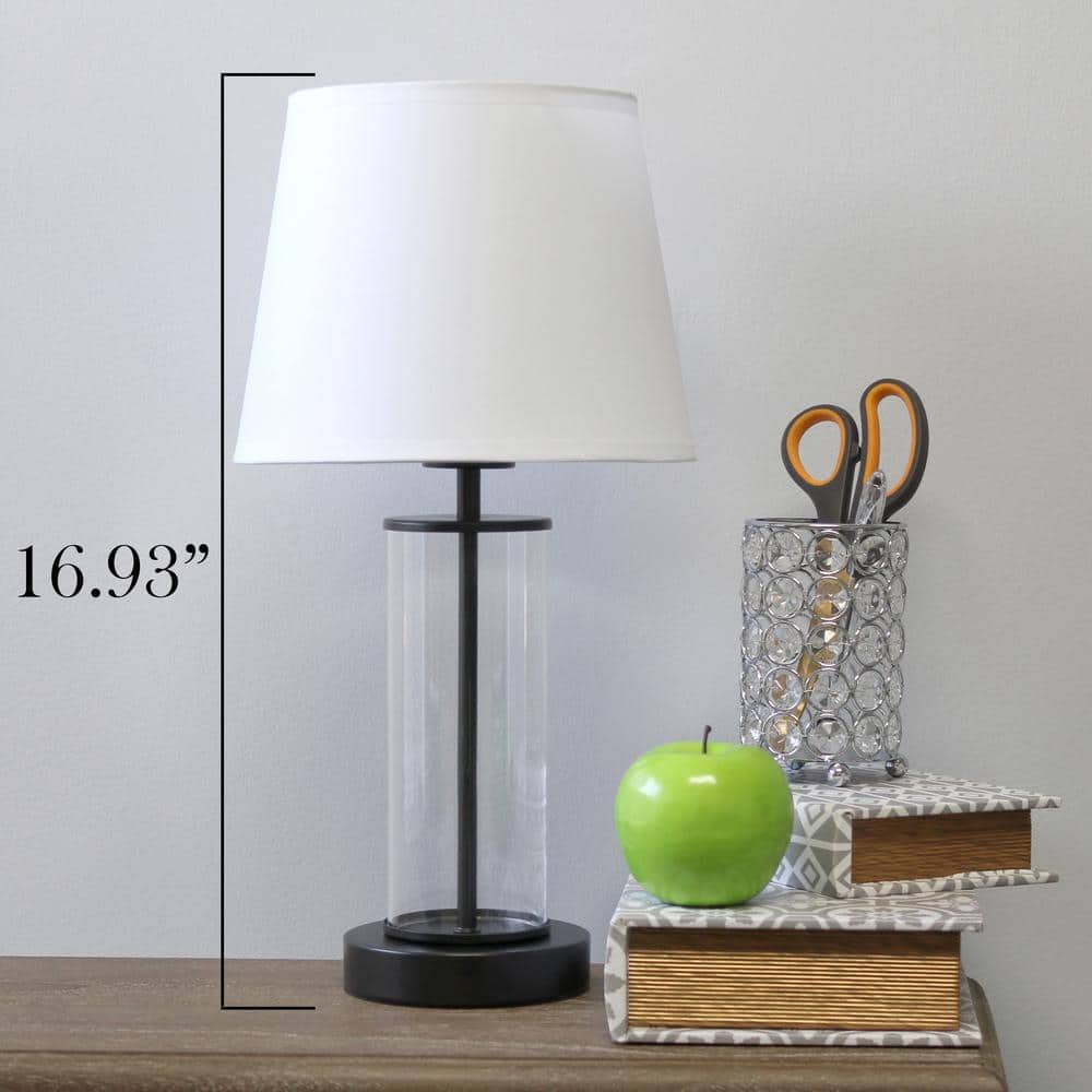 Black Metal and Clear Glass Table Lamp with White Fabric Shade