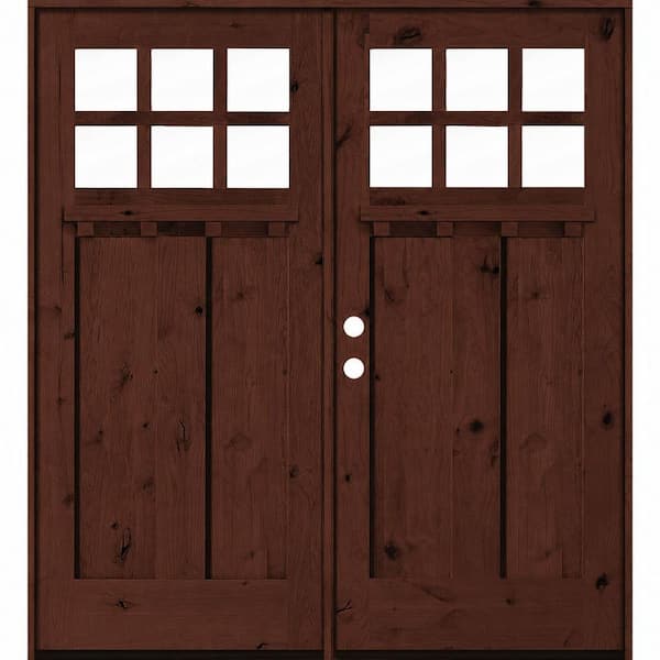 72 in. x 80 in. Knotty Alder Right-Hand/Inswing Double DS 6-Lite Clear Glass Red Mahogany Wood Prehung Front Door