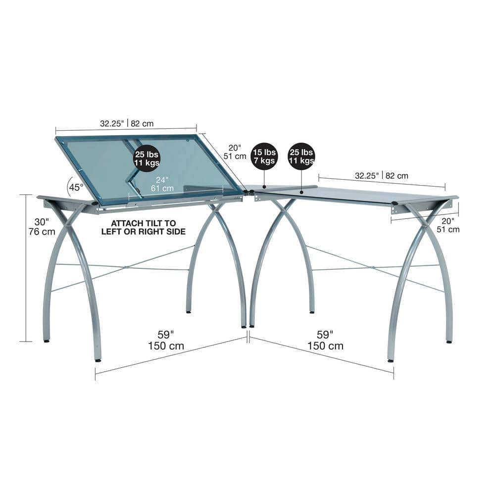 Futura L-Shaped Silver and Blue Glass Drafting Desk
