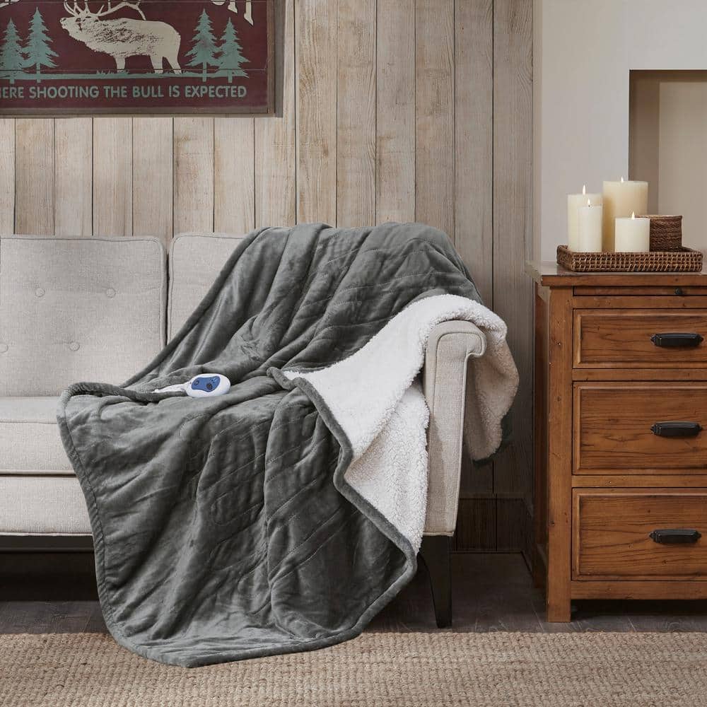 Gray Electric Heated Reversible Sherpa Throw Blanket