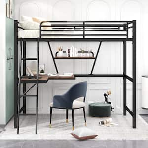 Black Twin Size Loft Bed with L-shaped Desk and Shelf, Metal Loft Bed with Guardrails and Ladder, Kids Loft Bed Frame