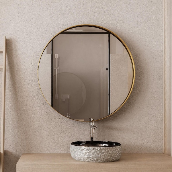 31.5 in. W x 31.5 in. H Gold Round Metal Framed Recessed/Surface Mount Medicine Cabinet with Mirror