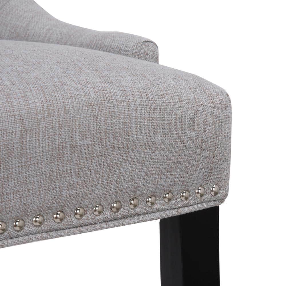 Elegant Gray Linen Upholstered High-Back Side Chair with Wood Accents