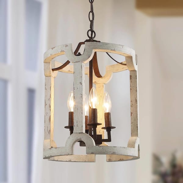 LNC Drum Wood Chandelier, 4-Light White Lantern Island Pendant Light Rustic Chandelier Candlestick Farmhouse Chandelier