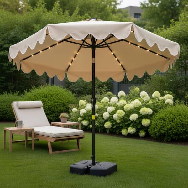 9 ft rectangular solar-powered patio umbrella in taupe FLAME&SHADE Solar with a Centre Light, hours to 12 Sun-Ray 9 ft. Round 8-Rib