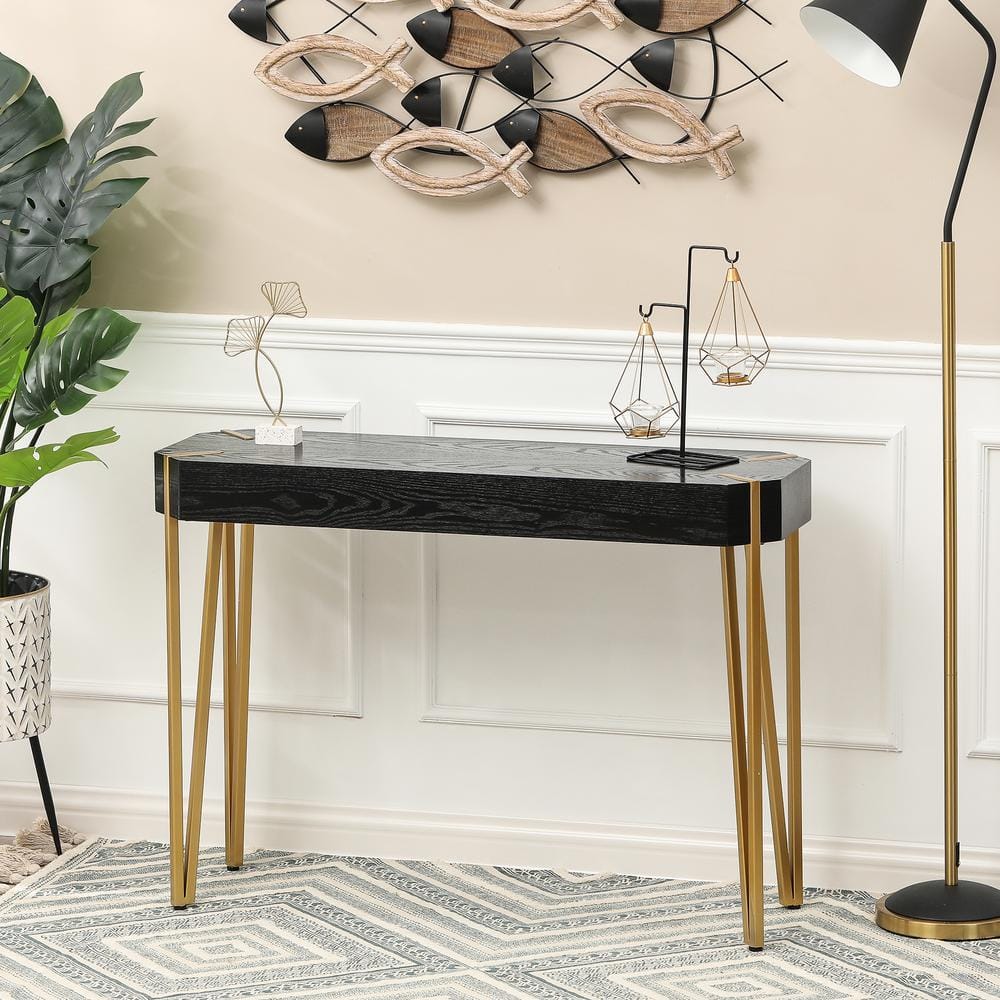 Modern Black Wood and Gold Metal 45'' Console Table with Storage