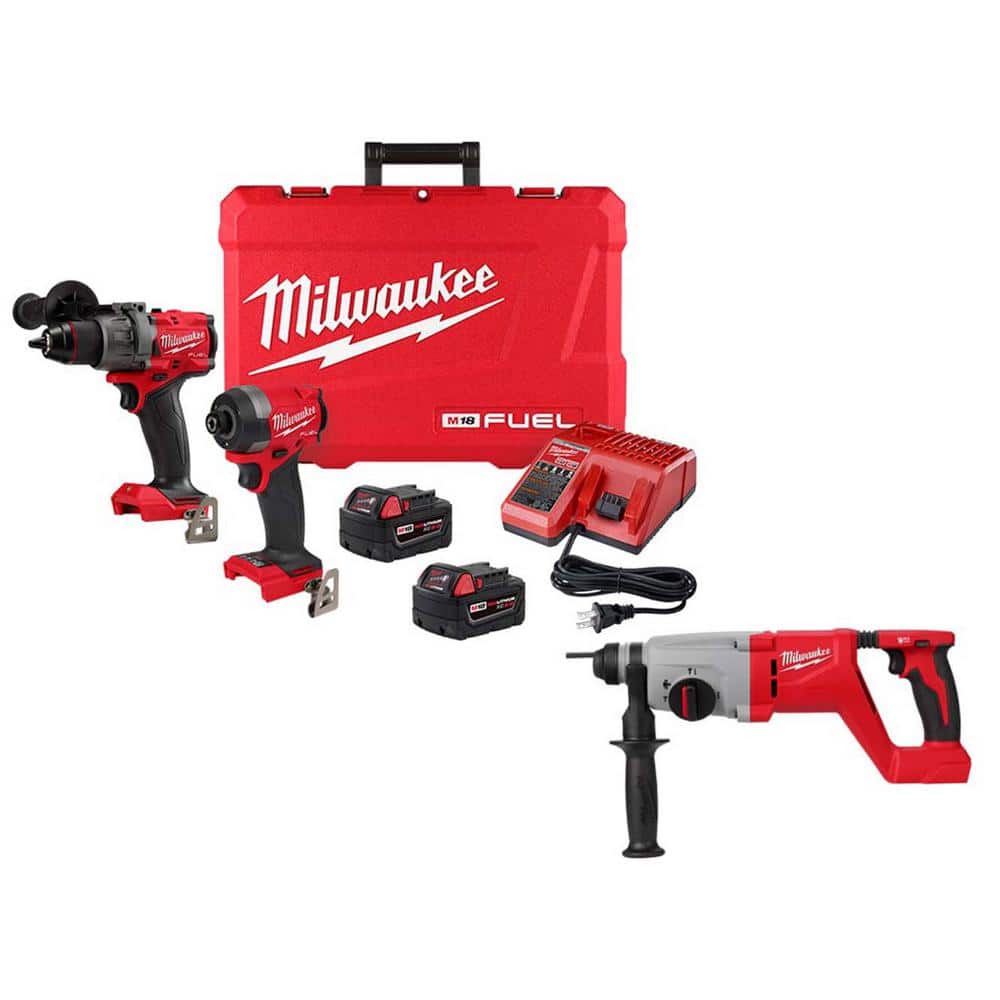 M18 FUEL 18V Lith-Ion Brushless Cordless Hammer Drill/Impact Driver Combo Kit w/2 Batteries & M18 Rotary Hammer -  Milwaukee, 3697-22-26