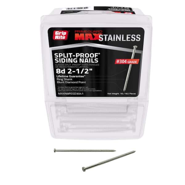 Grip-Rite 2-1/2 in. x 13-Gauge 8-penny 304 Stainless Steel Ring Shank Split-Proof Siding Nails 1 lb. Box