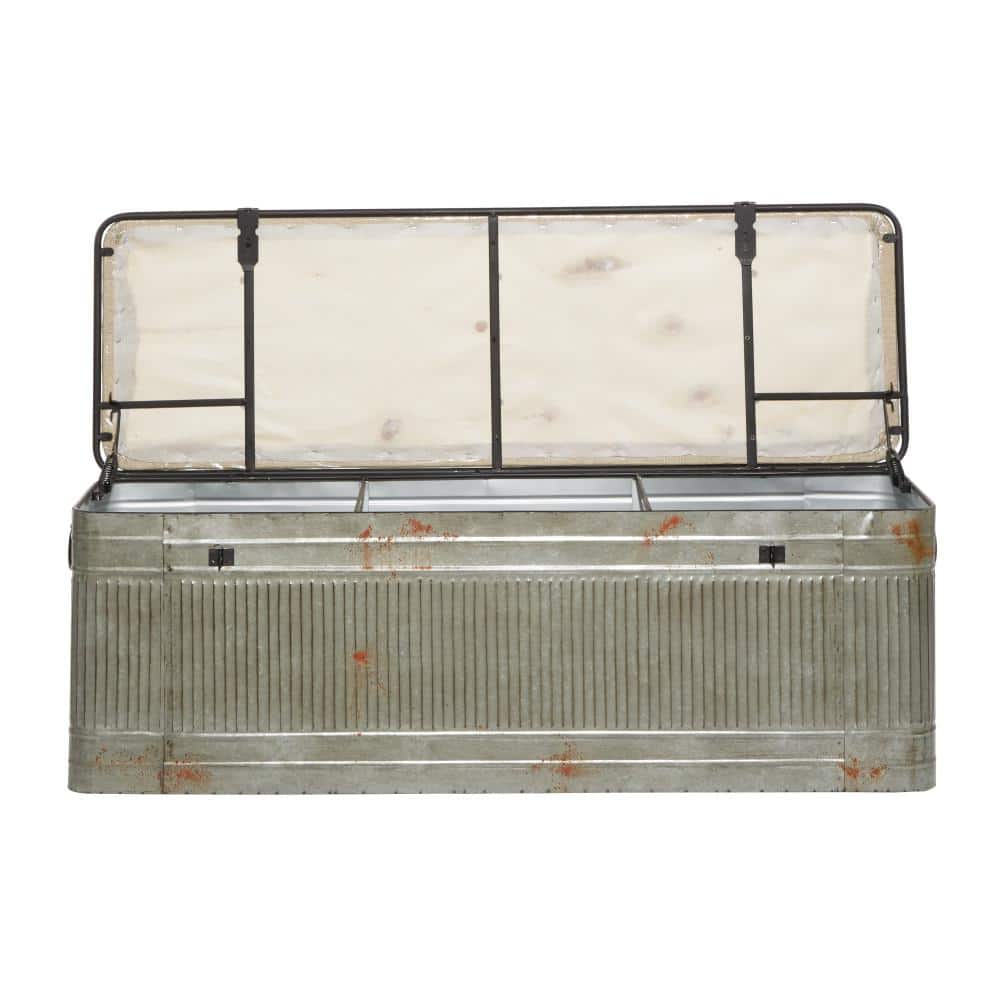 Gray Galvanized Metal Storage Bench with Beige Upholstered Seat