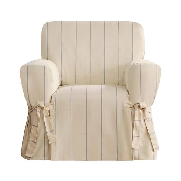 Sure-Fit Heavyweight Natural with Blue Stripe Cotton Duck Chair Slipcover
