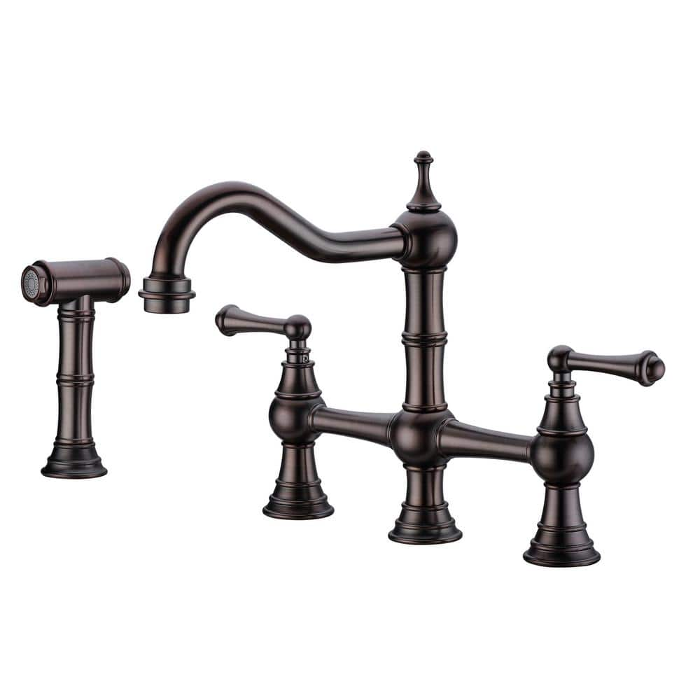 LORDEAR Double Handle Bridge Kitchen Faucet in Oil Rubbed Bronze with ...