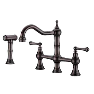 Double Handle Bridge Kitchen Faucet in Oil Rubbed Bronze with Pull-Out Side Spray