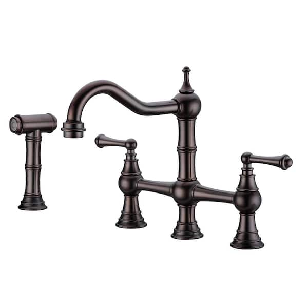 LORDEAR Double Handle Bridge Kitchen Faucet in Oil Rubbed Bronze with Pull-Out Side Spray