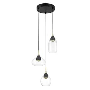 Arabesque 15-Watt 3-Light Integrated LED Black and Brushed Gold Shaded Pan Pendant Light with Clear Glass Shades
