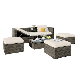 5-Piece Wicker Patio Conversation Set with Adustable Backrest, Beige Cushions, Ottomans and Lift Top Coffee Table