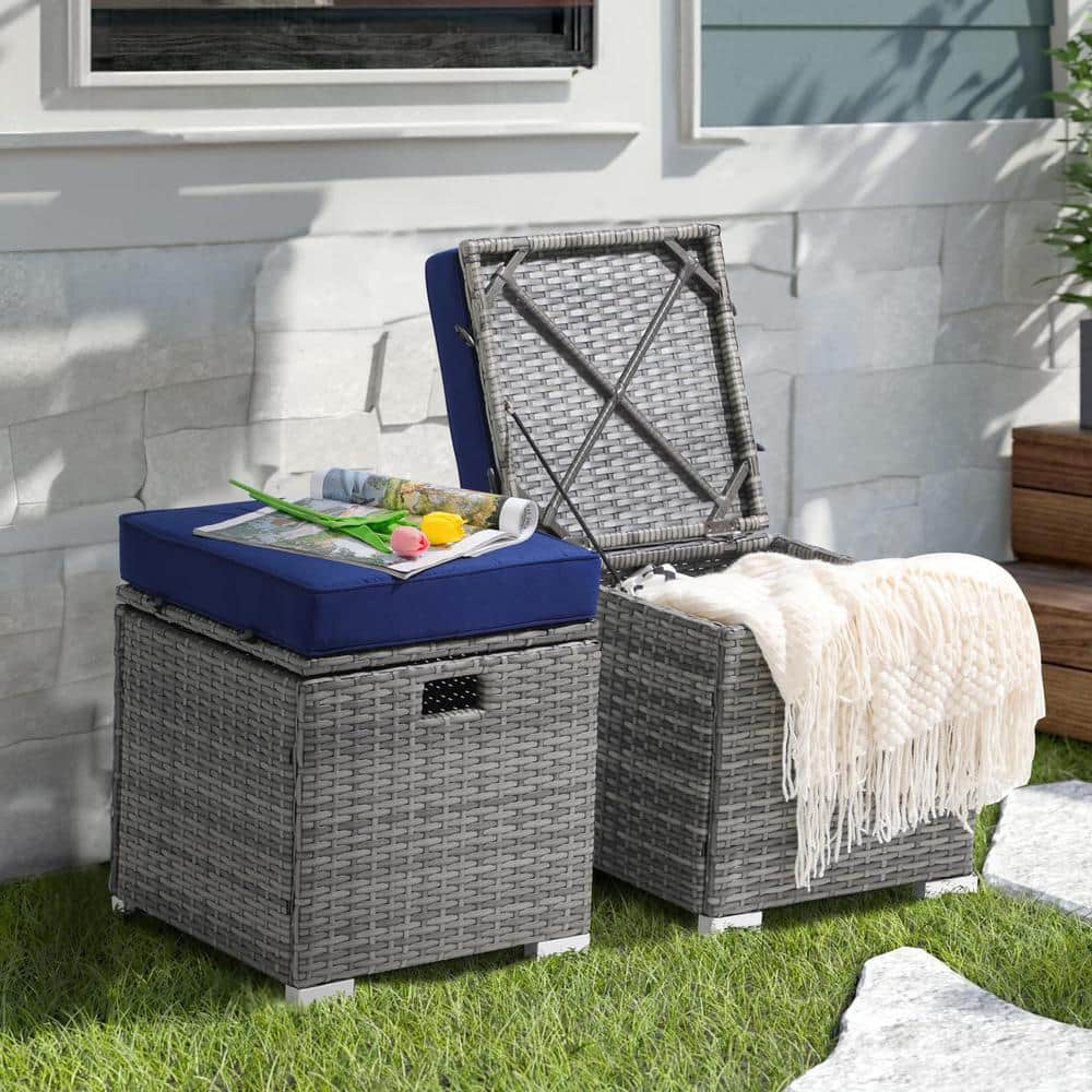 Freestyle 2-Piece Grey Wicker Outdoor Patio Ottomans with Storage, Blue ...