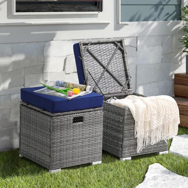 Freestyle 2-Piece Grey Wicker Outdoor Patio Ottomans with Storage, Blue Cushion