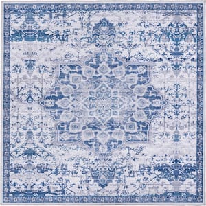 Renaissance Roma Gray Blue 5 ft. 3 in. x 5 ft. 3 in. Machine Washable Area Rug