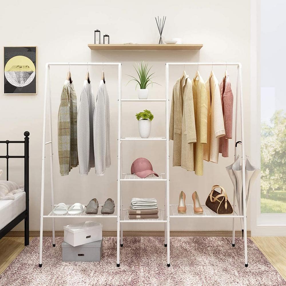 White Metal Garment Clothes Rack with 6 Tiers Shelves 60 in. W x 60 in ...