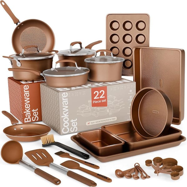 22-Piece Non Stick Cookware and Bakeware Sets with Plaid Pattern and Tempered Glass Lid, Golden