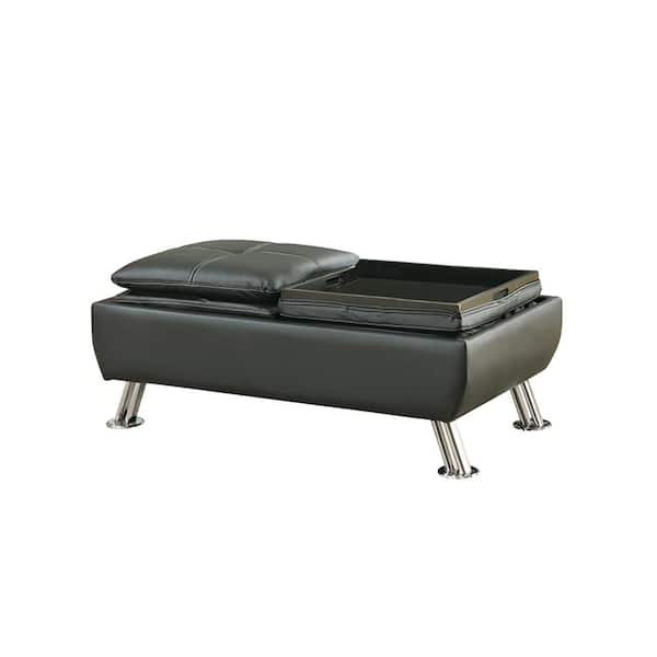 Faux Leather Black Storage Ottoman, Black Leather Ottoman With Tray