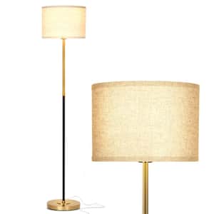 Emery 60 in. Antique Brass Mid-Century Modern 1-Light LED Energy Efficient Floor Lamp with Beige Fabric Drum Shade