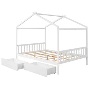 White Wood Frame Full Size House Platform Bed with 2-Drawers, Headboard and Footboard, Roof Design