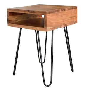 16 in. Brown Square Acacia Wood End Table with Open Shelf and Hairpin Legs