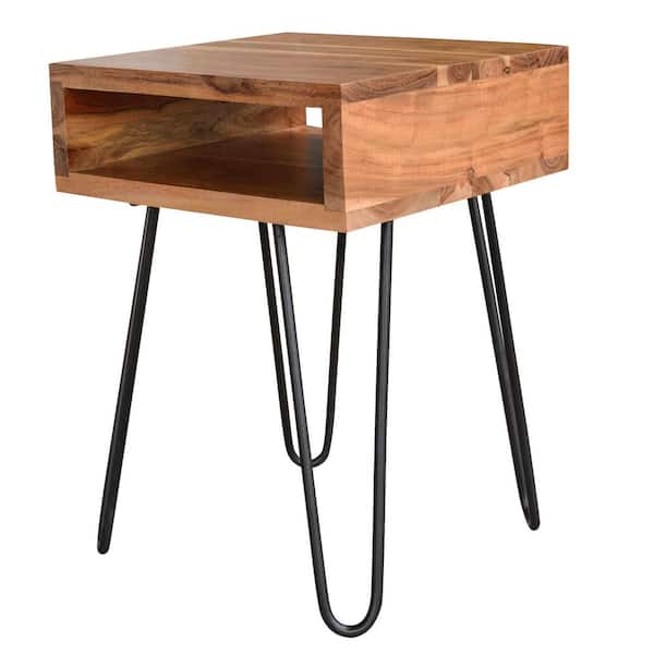 16 in. Brown Square Acacia Wood End Table with Open Shelf and Hairpin Legs