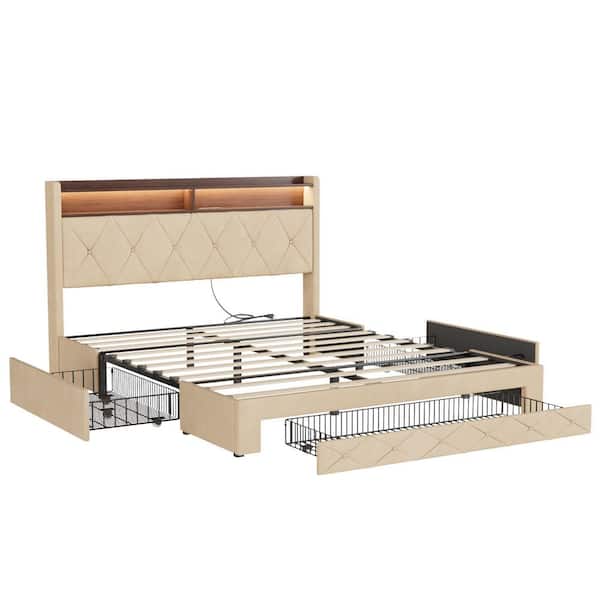 Storage Bed Beige Metal Frame Queen Platform Bed with Power Station, USB Ports and Storage Shelf Headboard, Drawers