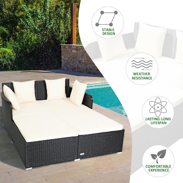 Angeles Home Cushioned Wicker Rattan Outdoor Daybed Thick Pillows Lounge Chair with White Cushion