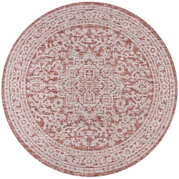 Red/Taupe 5 ft. Round Sinjuri Medallion Textured Weave Indoor/Outdoor Area Rug