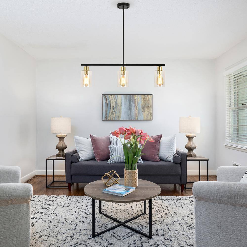 Black and Gold Linear Metal Chandelier with Clear Glass Shades