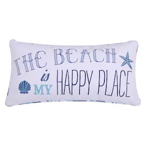 Blue White Beach Happy Place Sentiment Print Coastal 12 in. x 24 in. Throw Pillow