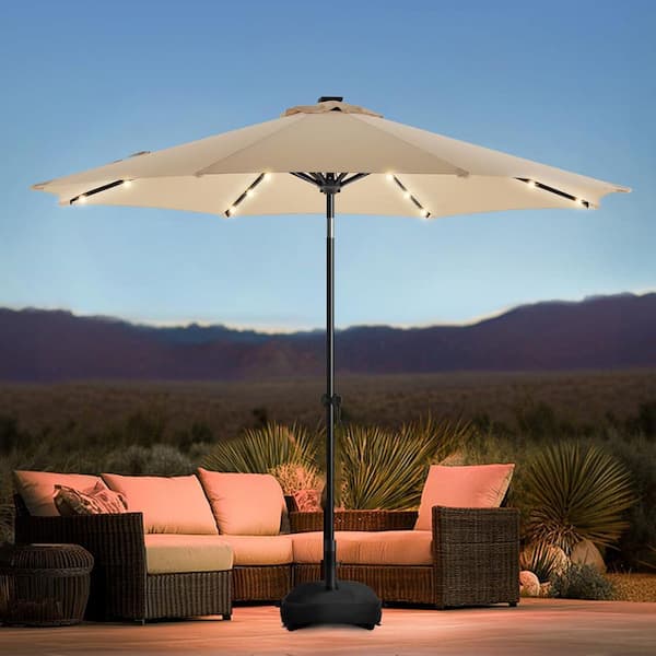 Primehome Patio Umbrellas Market Umbrella with Push Button Tilt Crank, Fade Resistant 9 ft. with Base and Solar LED Lights in Tan