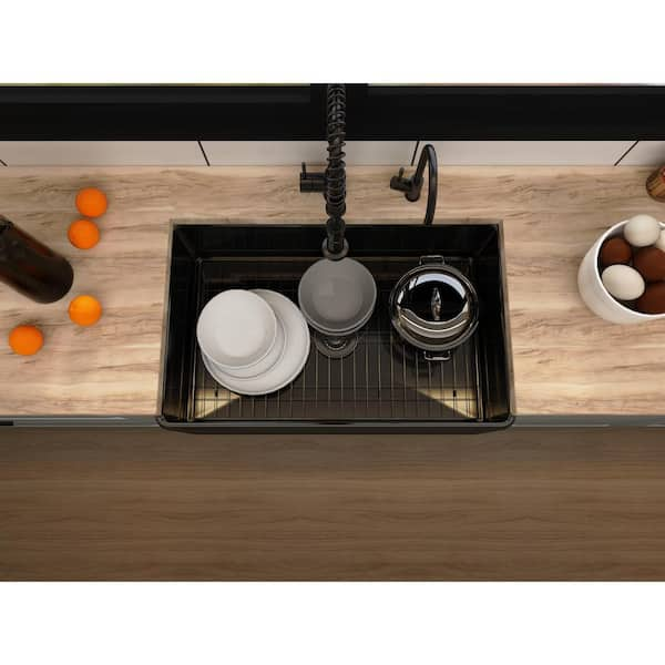 Matte Black Fireclay 33 in. Single Bowl Farmhouse Apron Workstation Kitchen  Sink with Bottom Grid and Strainer