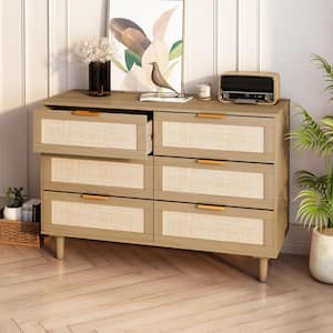 Oak-Natural Rattan Drawer Cabinet with 6-Drawers