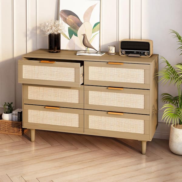 Tatahance Oak-Natural Rattan Drawer Cabinet with 6-Drawers