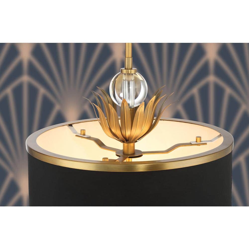 Natural Brushed Brass Pendant Light with Black Fabric Shade
