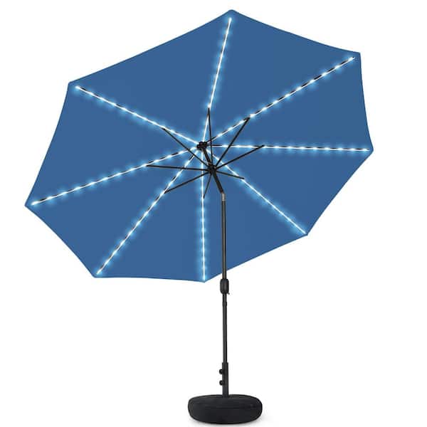 11 ft. Navy Round Solar LED Metal Rotation Cantilever Offset Outdoor Patio Umbrella with a Base in Sand