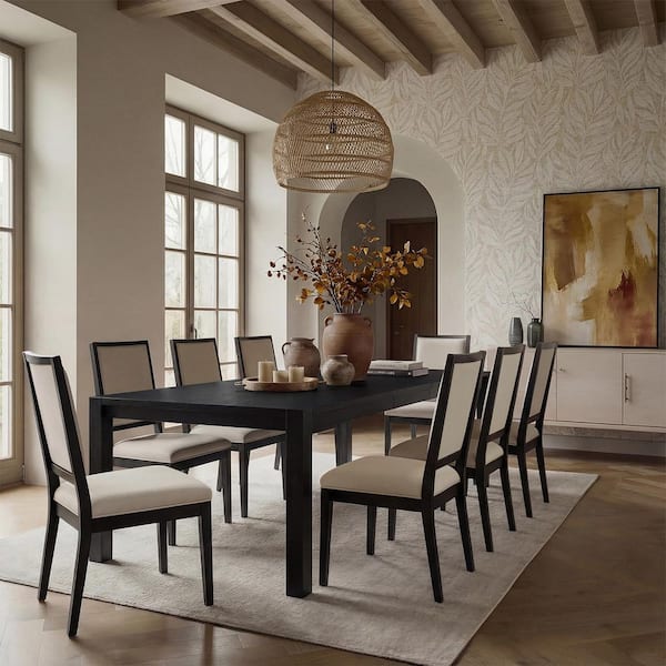 9-Piece Black Expandable Rectangular Dining Wood Top Table Set with Upholstered Linen Chairs for Kitchen Dinner 8 Seats