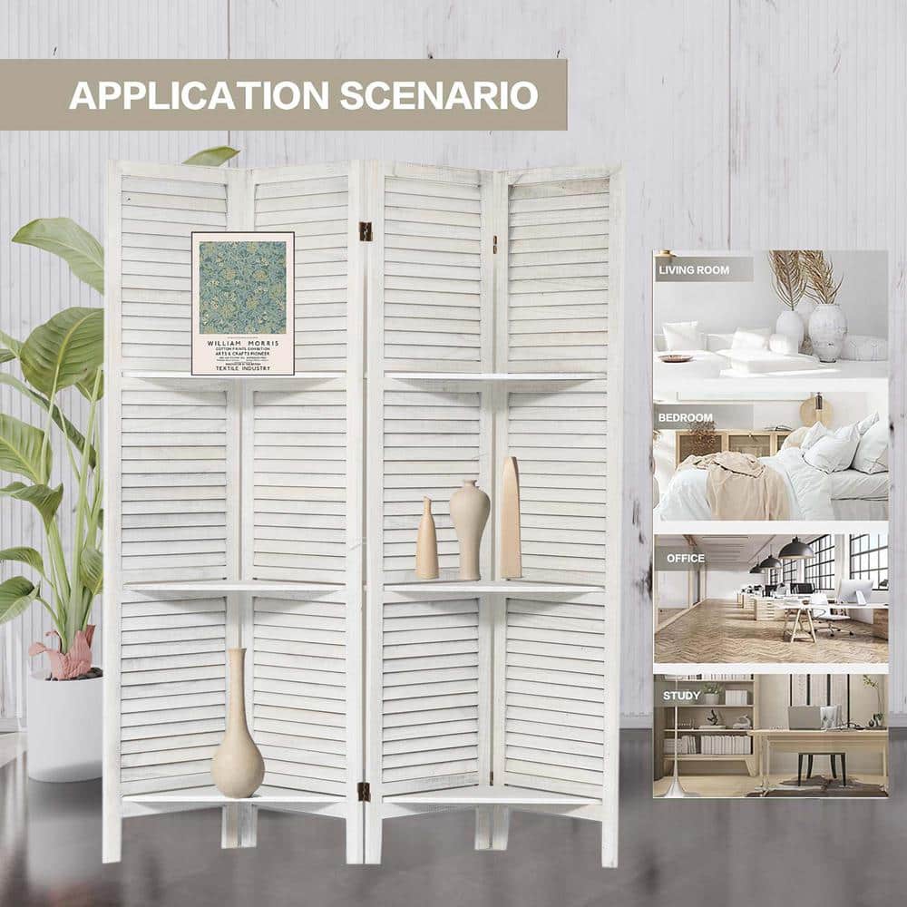 White Wood 5.6 ft Folding Privacy Screen Room Divider with Shelves