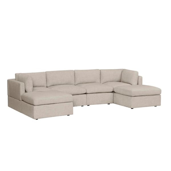 Thornton 136 in. Modular Track Arm Peformance Fabric 6-Piece U-Shaped Sectional Sofa in Wheat Beige