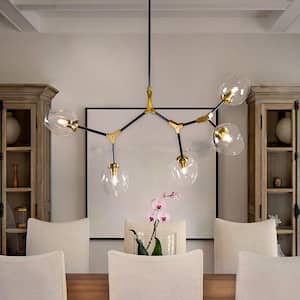 5-Lights Black and Gold Modern Linear Sputnik Chandelier With Clear Glass Shade
