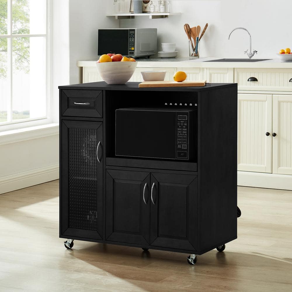 GOOD & GRACIOUS 35.25 in. Black Microwave Kitchen Cart with