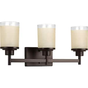 Alexa Collection 3-Light Antique Bronze Etched Umber Linen With Clear Edge Glass Modern Bath Vanity Light
