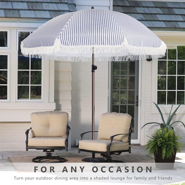 7.5ft Metal Striped Outdoor Beach Umbrella with Tassel in Blue