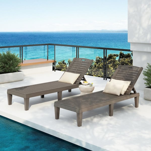 Light Brown Outdoor Chaise Lounge Set of 2, Resin Pool Lounge Chairs with Adjustable Backrest