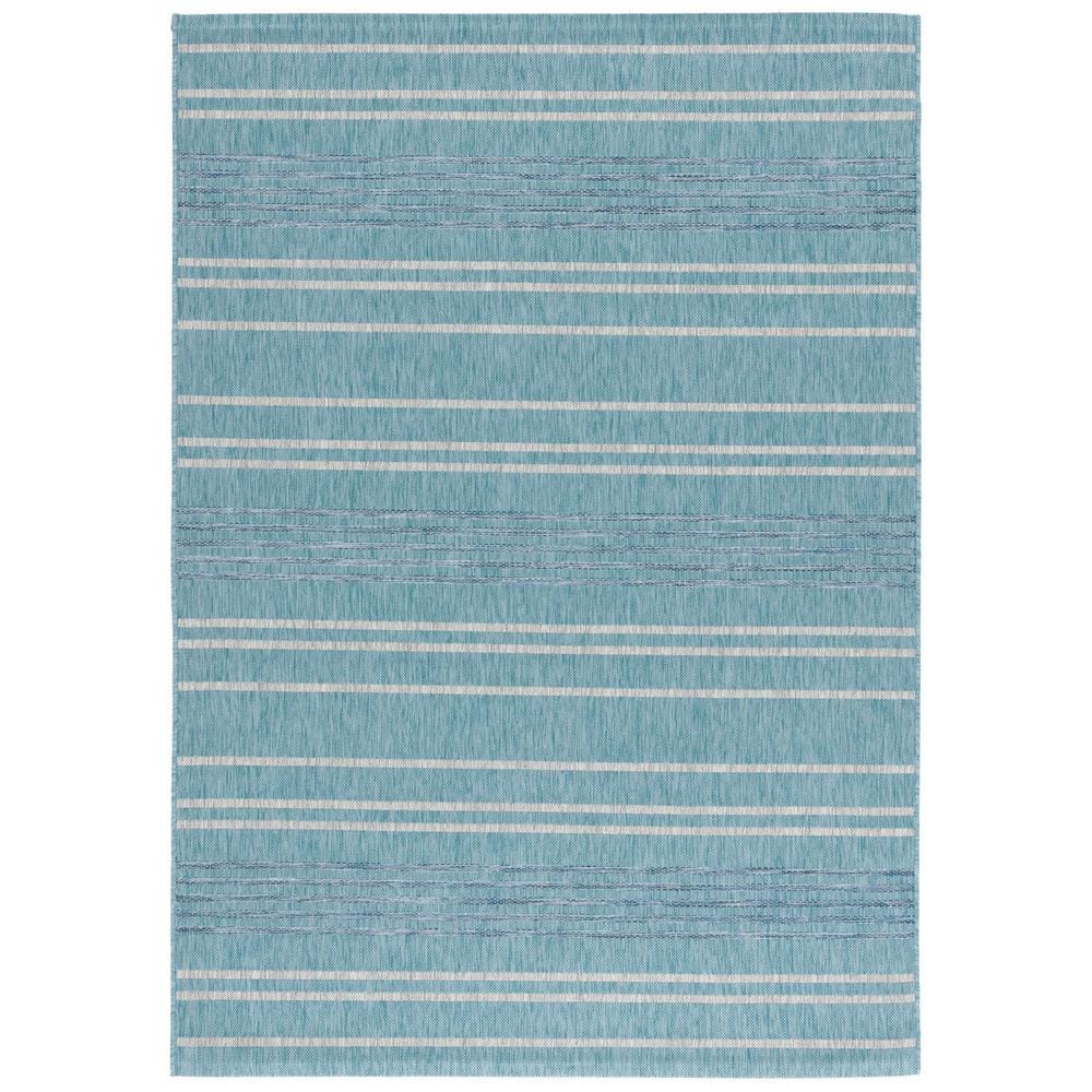 Aqua and Gray Striped Rectangular Indoor/Outdoor Rug
