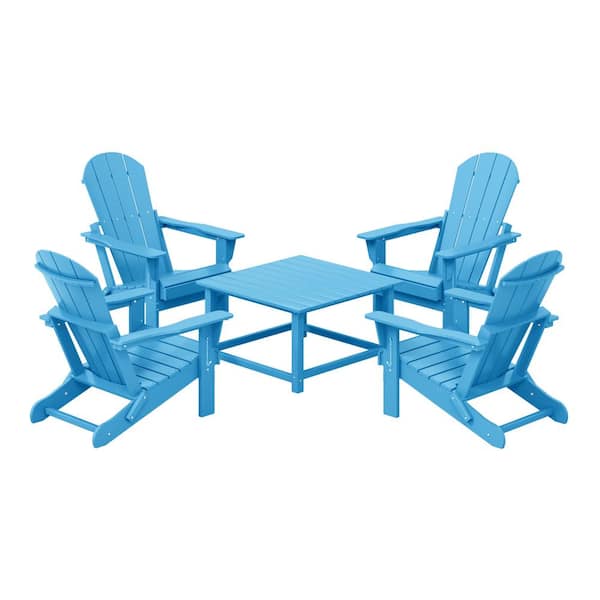 WESTIN OUTDOOR Laguna Pacific Blue Plastic Weather Resistant Adirondack 5-Piece Outdoor Patio Conversation Set, Square Coffee Table